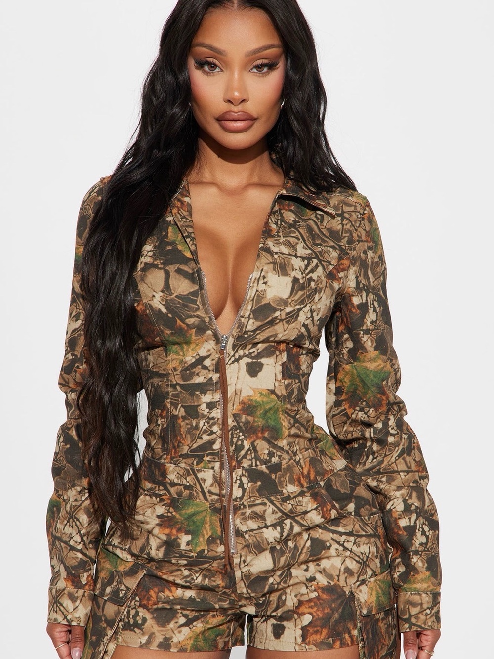 Fashion Nova Camo Print Utility Romper in Brown & Green